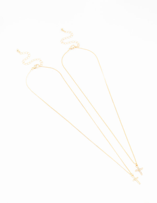 Gold Plain & Diamante Cross Necklace 2-Pack