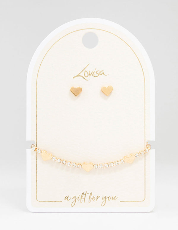 Silver Heart Stud Earrings & Tennis Bracelet Set