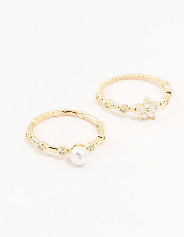 Gold Plated Bamboo Pearl Stacking Rings 3-Pack
