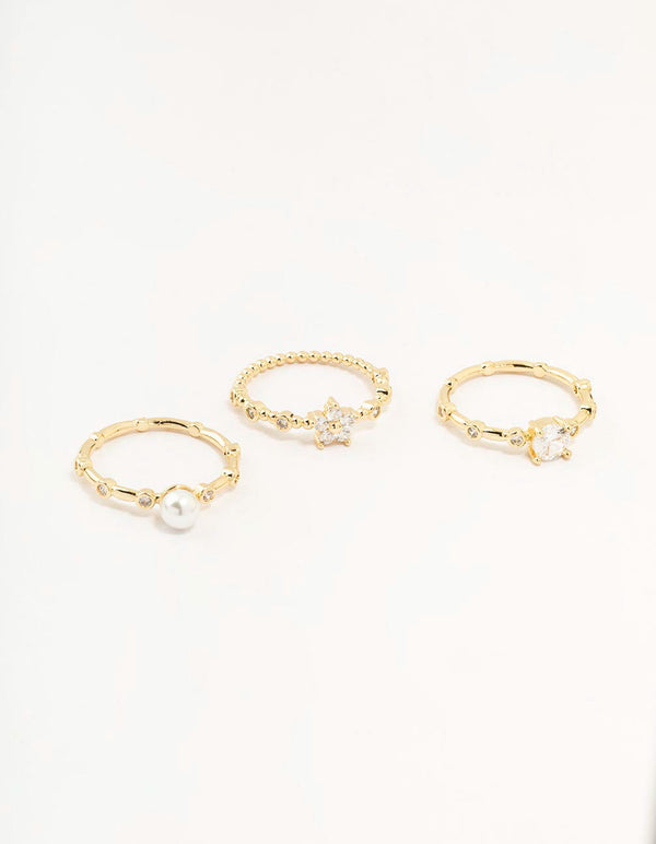 Gold Plated Bamboo Pearl Stacking Rings 3-Pack