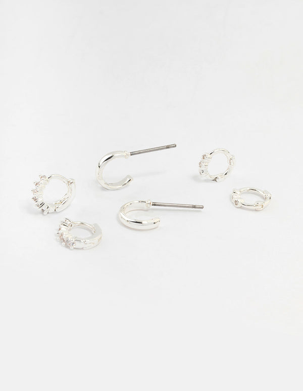 Discover statement silver mixed diamante huggie hoop earrings in a 3-pack front view