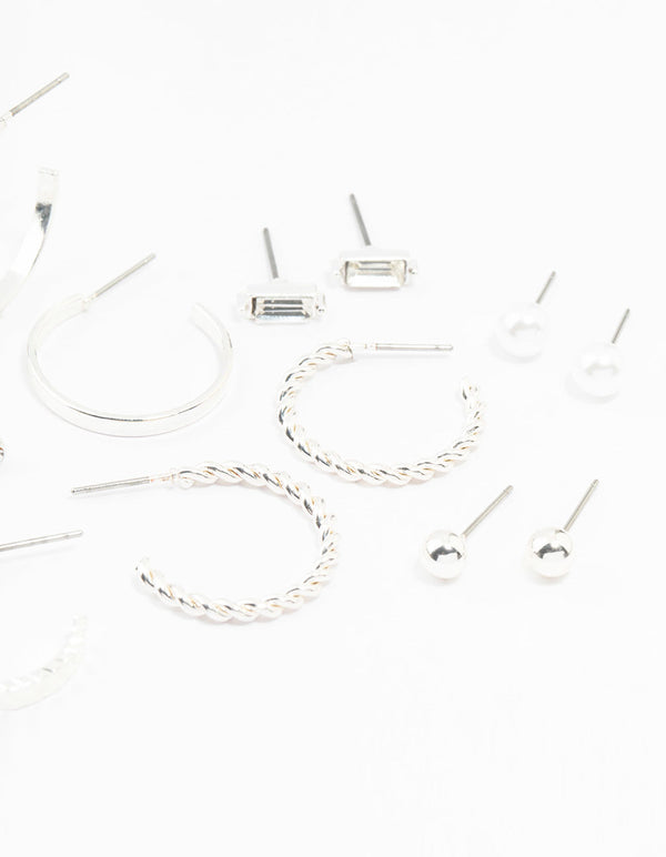 Silver Diamante & Pearl Hoop Earrings 8-Pack