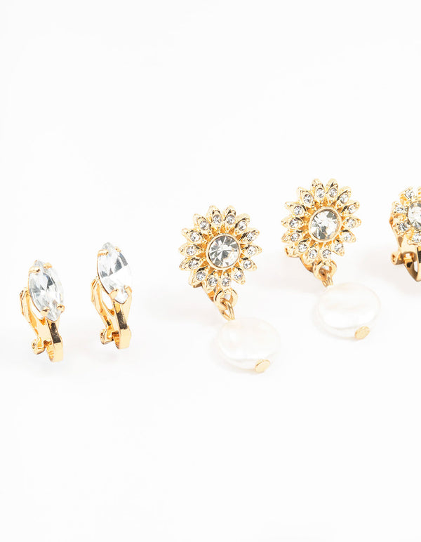 Gold Pearl & Diamante Large Clip Earrings