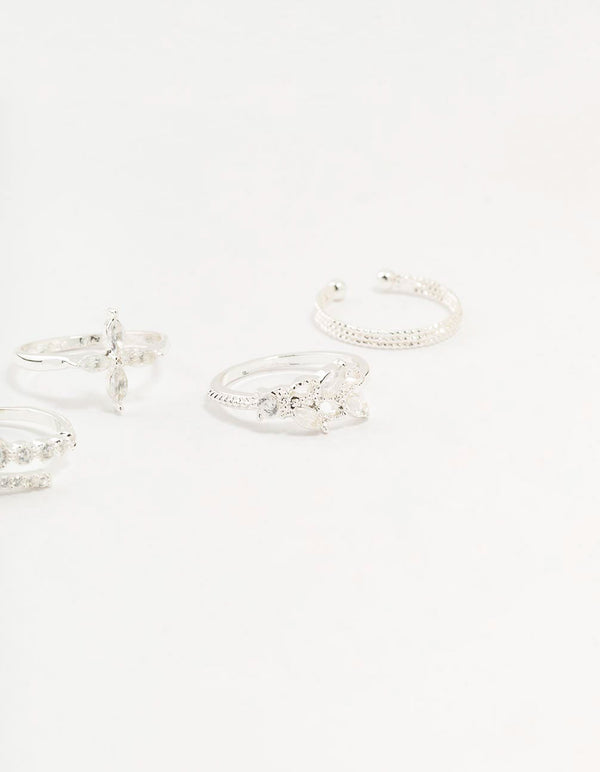 Showcasing leafy mixed rings 5-pack featuring floral design with cubic zirconia in gold plated material side detail view