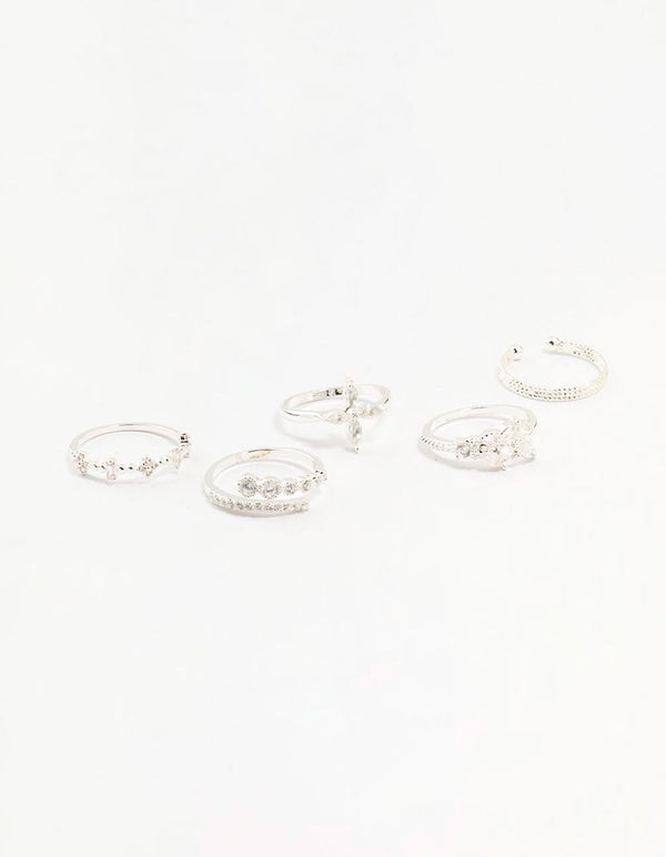 Gold Plated Cubic Zirconia Leafy Mixed Rings 5-Pack