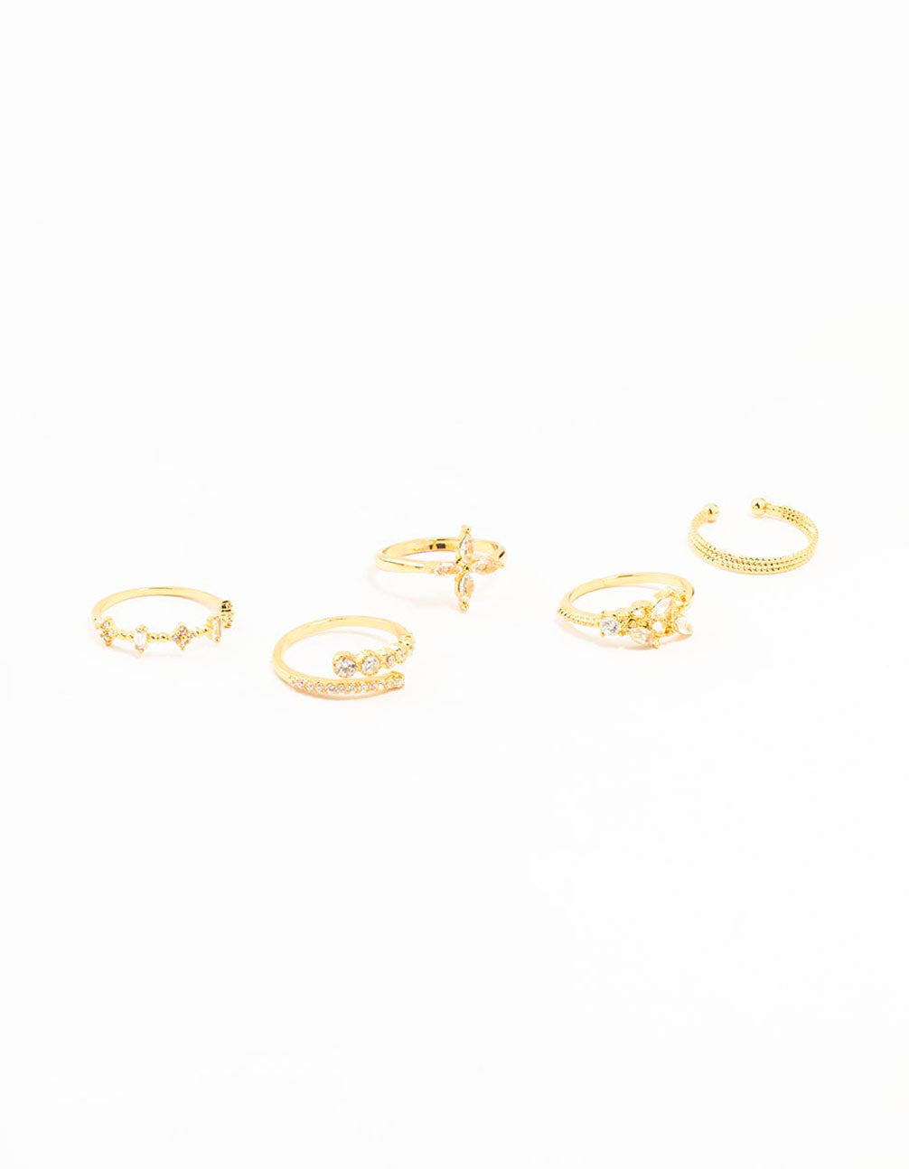 Beautiful set of gold plated cubic zirconia leafy mixed rings 5-pack featuring floral details in clear tones front view