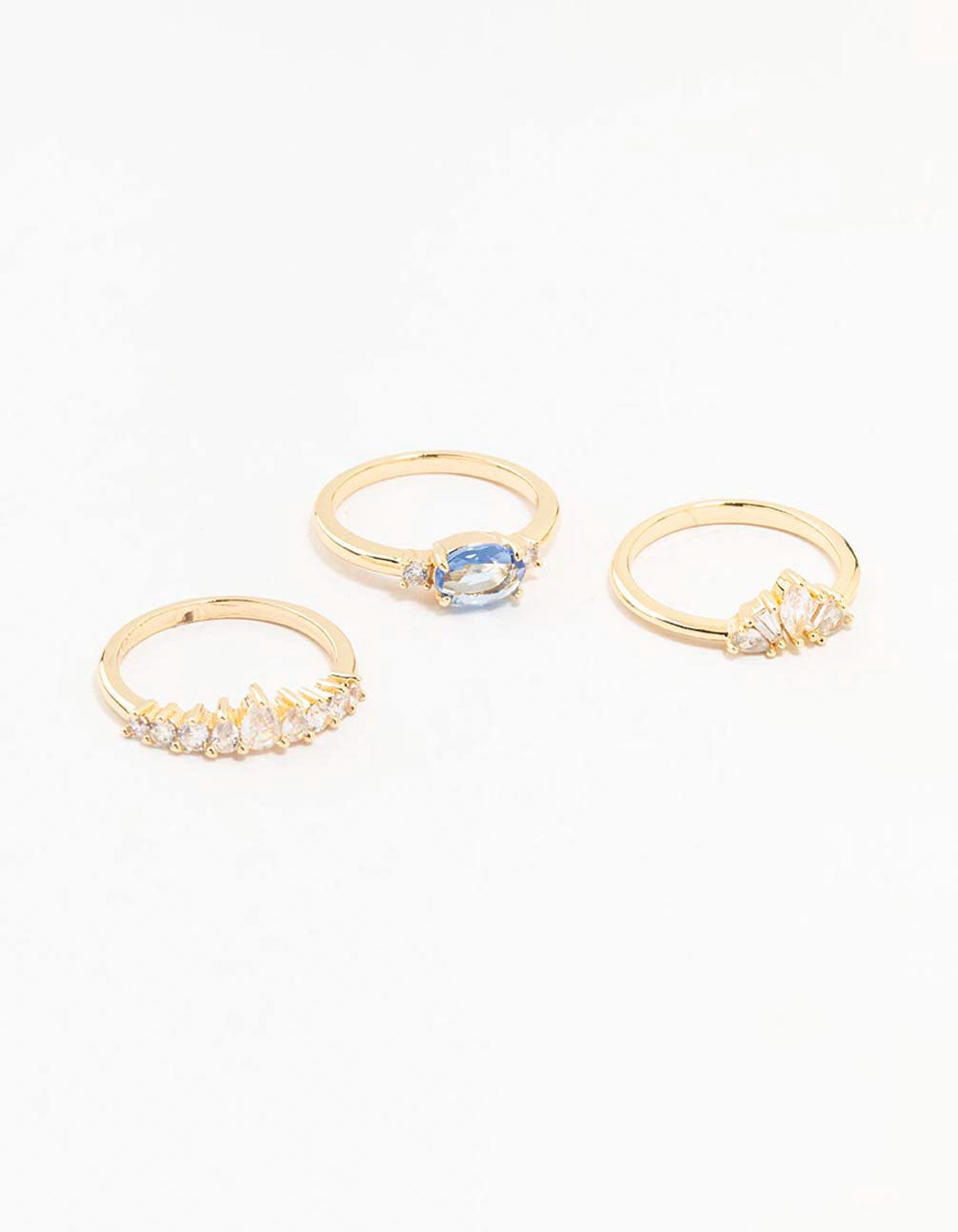 Beautifully crafted gold plated blue stone and fan cubic zirconia ring pack featuring crystal embellishments front view