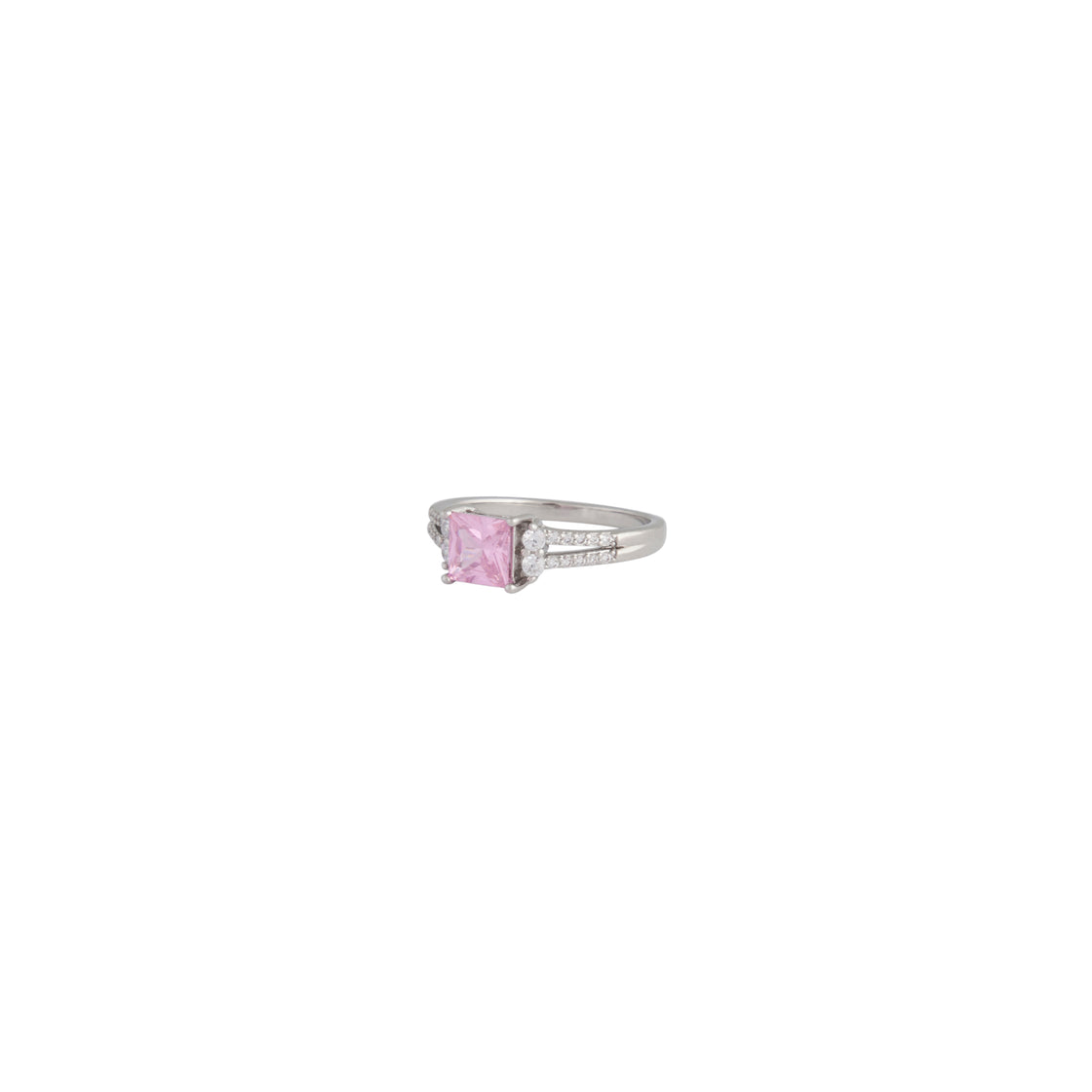 Showcasing a cubic zirconia square stone double band ring in silver with statement style side detail view