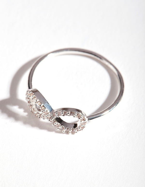 Beautiful silver cubic zirconia infinity ring close up view