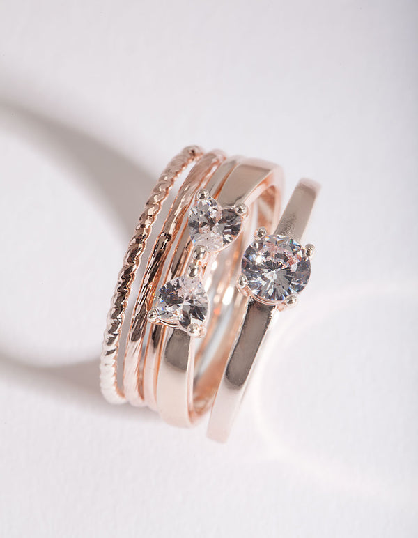 Rose Gold Cubic Zirconia Bow & Band Stacking Rings 5-Pack