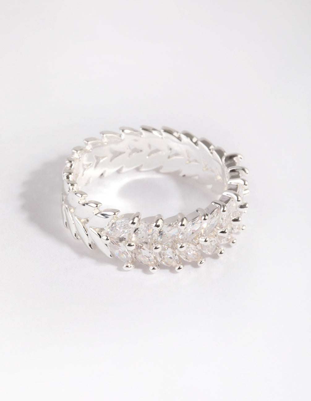 Beautifully crafted silver plated cubic zirconia navette ring front view