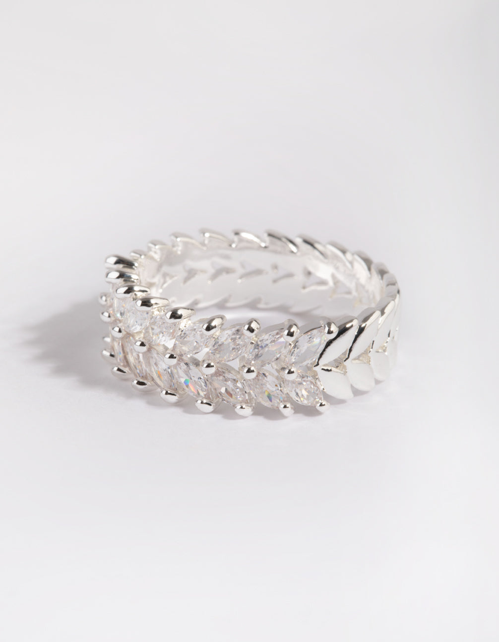Stunning silver plated cubic zirconia navette ring side detail view