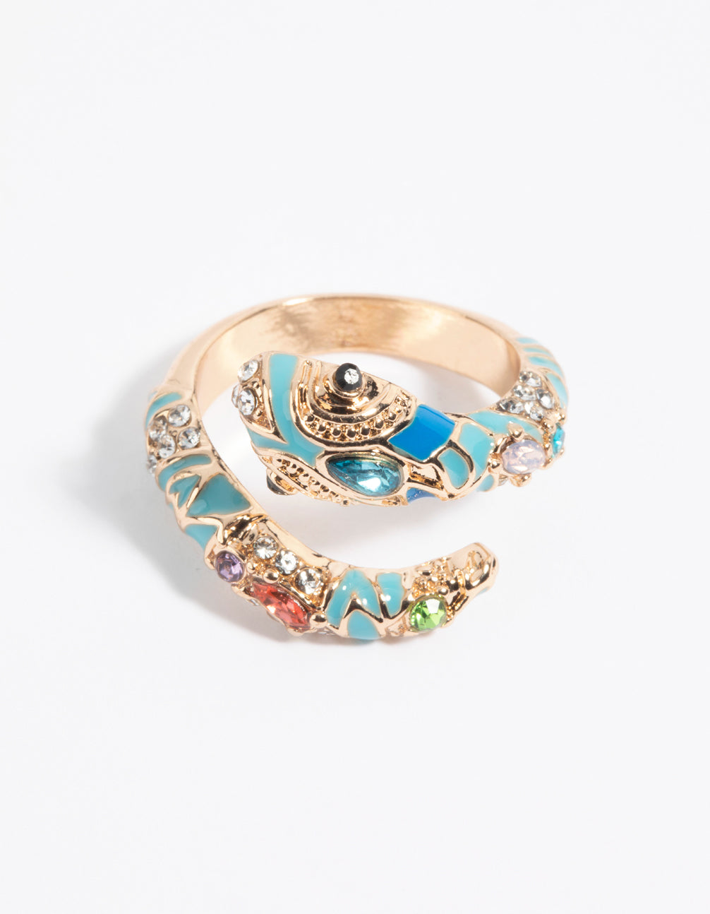 Showcasing a gold snake ring with turquoise enamel and multicolored gemstones in a coiled design front view