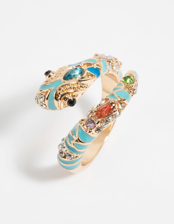 Featuring a gold snake ring with turquoise enamel and multicolored gemstones in a coiled design side detail view