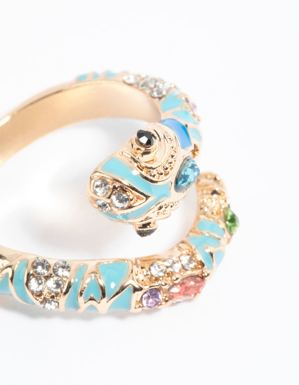 Highlighting a gold snake ring with turquoise enamel and multicolored gemstones in a coiled design close up view