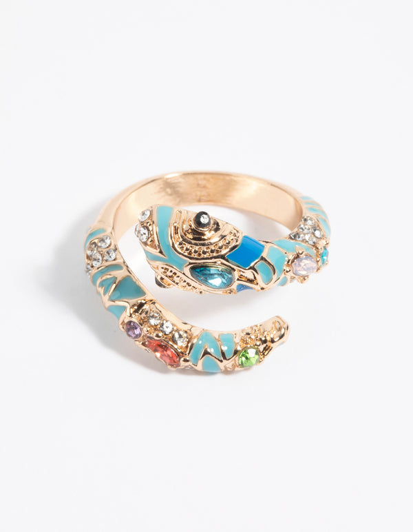 Showcasing a gold snake ring with turquoise enamel and multicolored gemstones in a coiled design front view