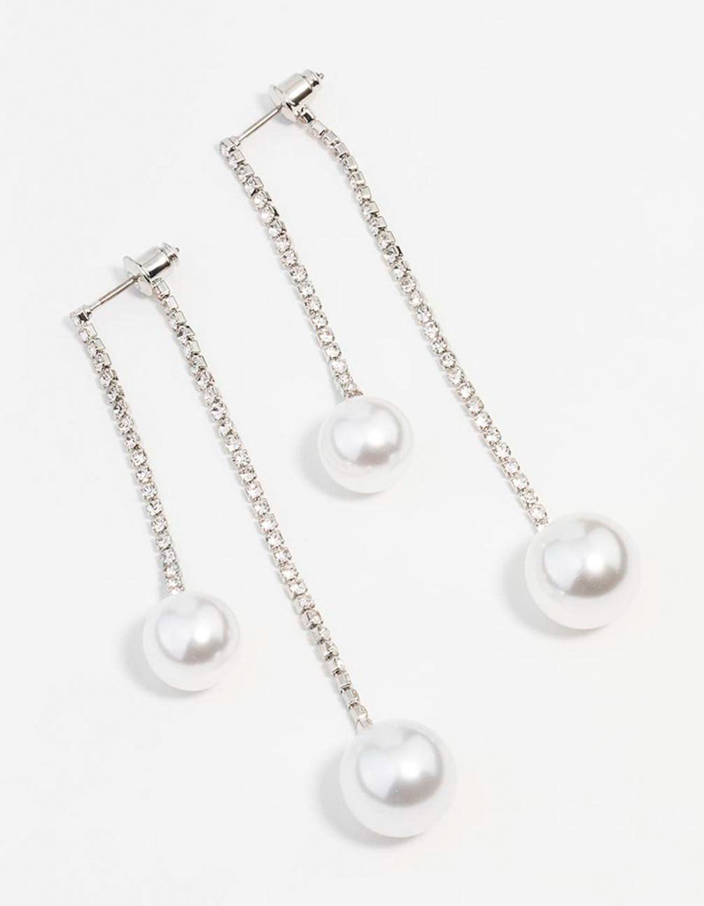 Silver Double Diamante Pearl Drop Earrings