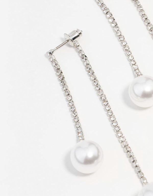 Silver Double Diamante Pearl Drop Earrings