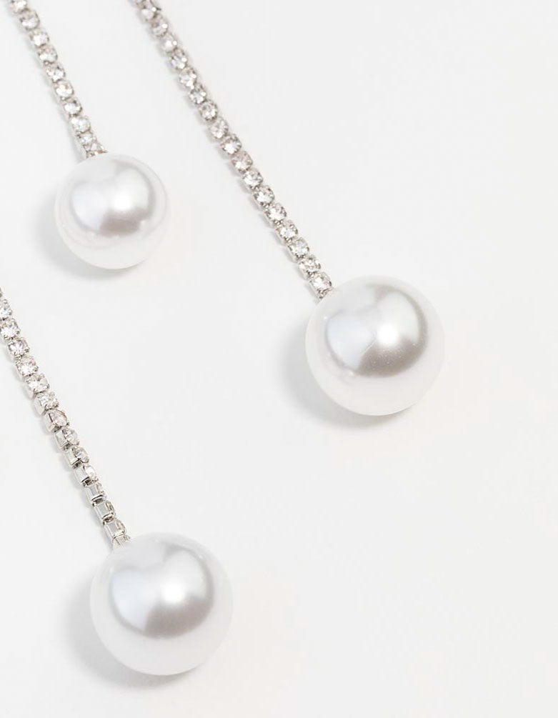 Silver Double Diamante Pearl Drop Earrings