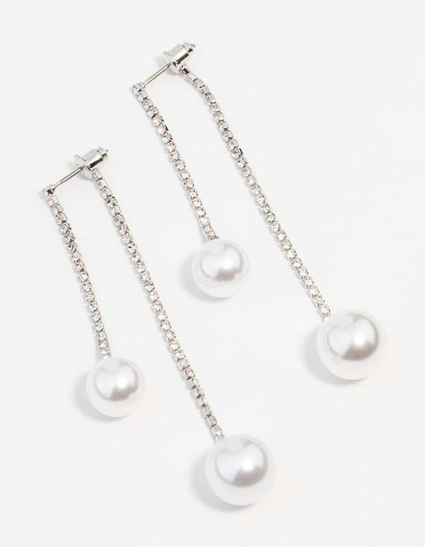 Silver Double Diamante Pearl Drop Earrings