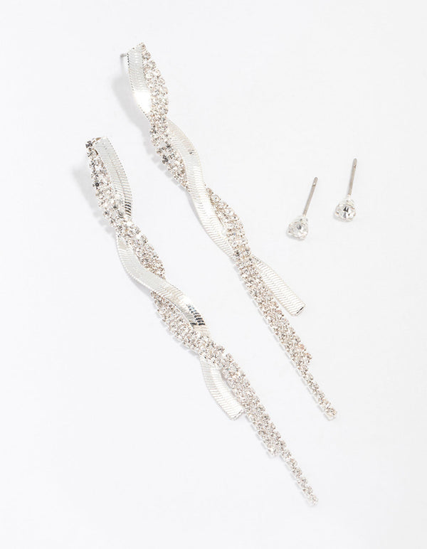 Silver Studs & Drop Cup Chain Earrings Multipack