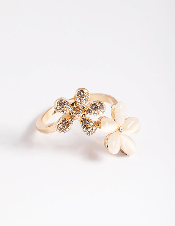 Elegant gold diamante and cateye flower ring accents in statement design side detail view