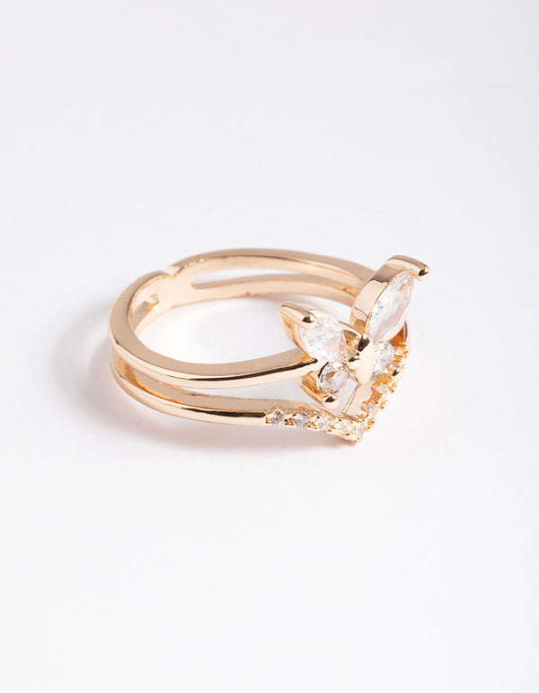 Beautifully designed gold cubic zirconia butterfly double band ring in clear side detail view