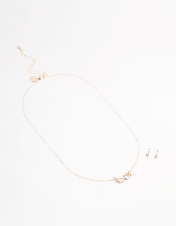 Rose Gold Infinity Necklace & Stud Earrings