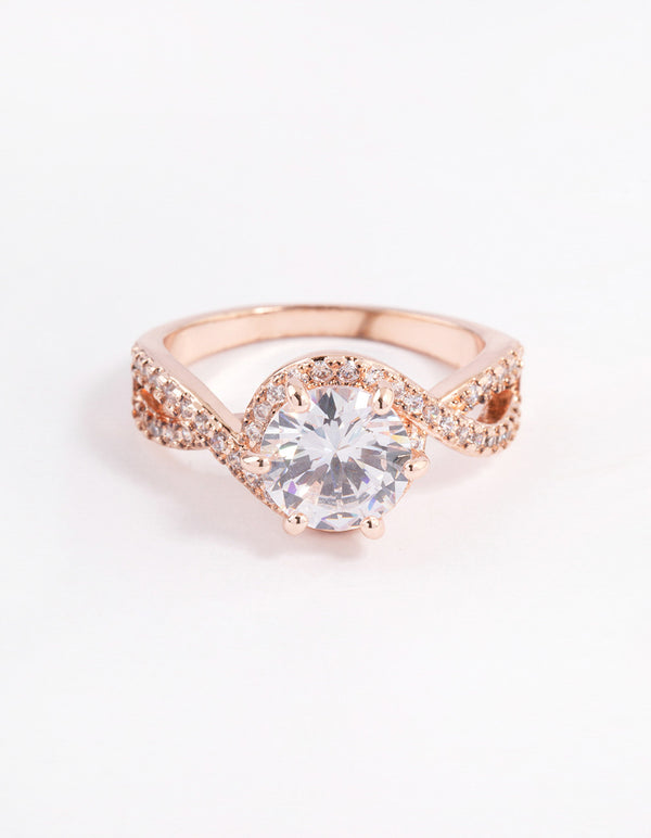 Elegant rose gold round infinity halo ring with cubic zirconia front view