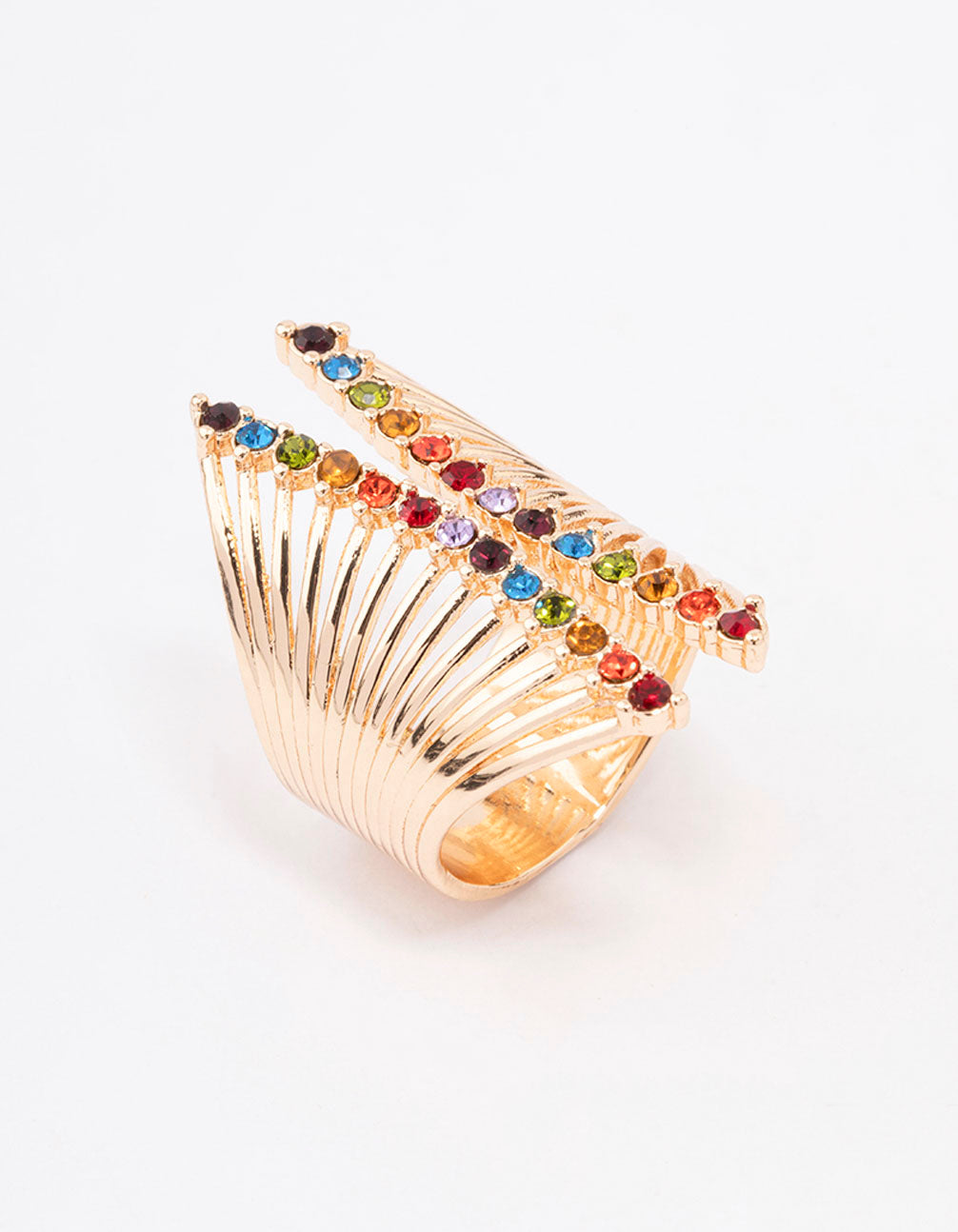 This dainty gold ribbed cage ring features multicolored gemstones in a sculptural design front view
