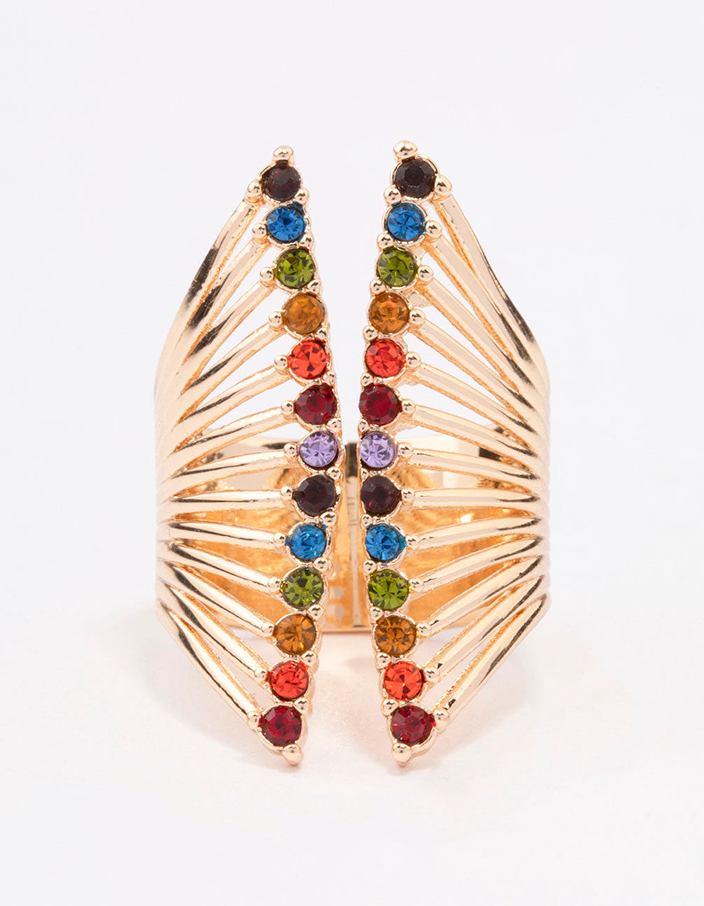 Featuring a dainty gold ribbed cage ring with multicolored gemstones and symmetrical band structure close up view