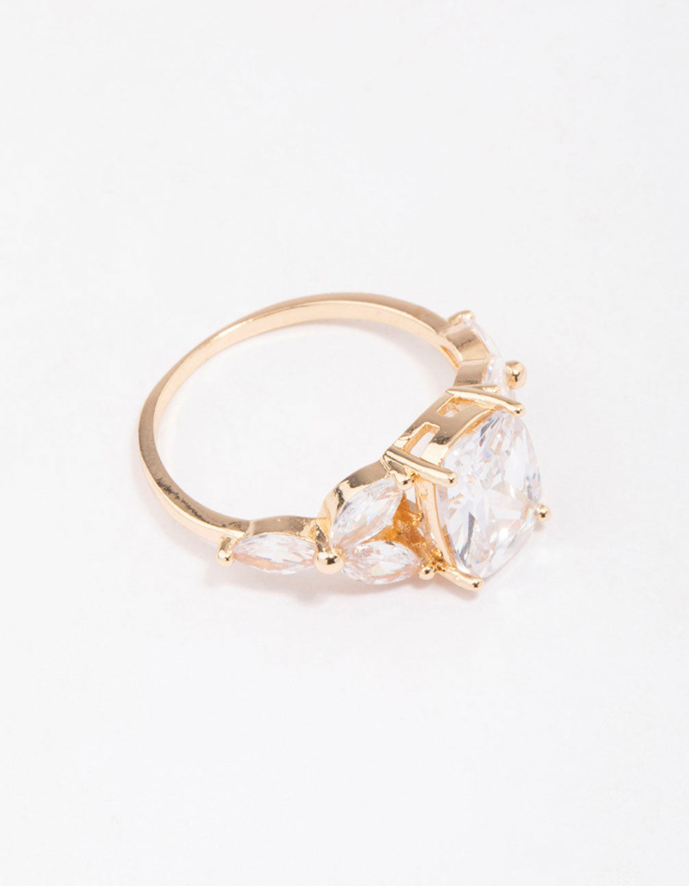 Showcasing a gold elegant floral cubic zirconia ring with dainty craftsmanship front view