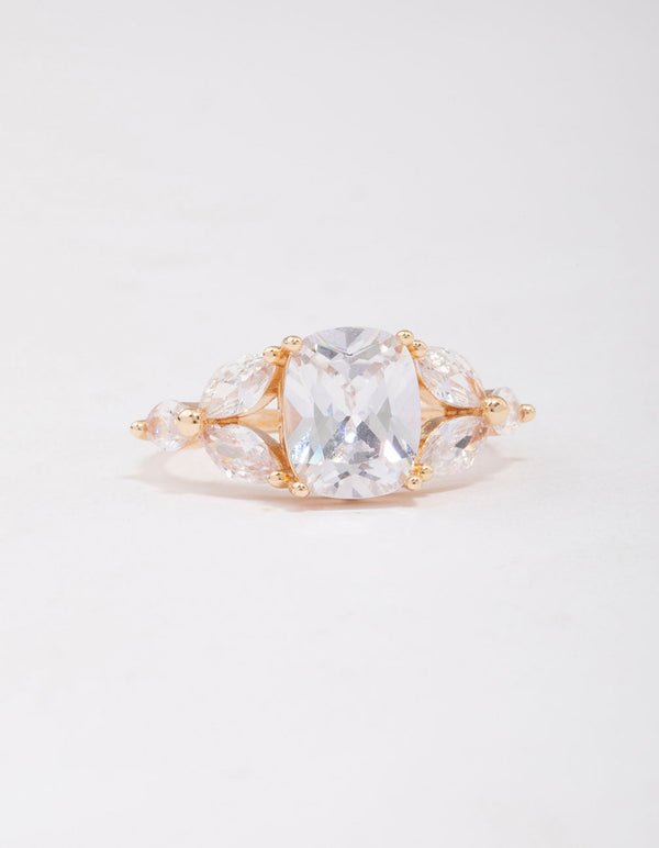 Highlighting a gold elegant floral cubic zirconia ring crafted with dainty details close up view