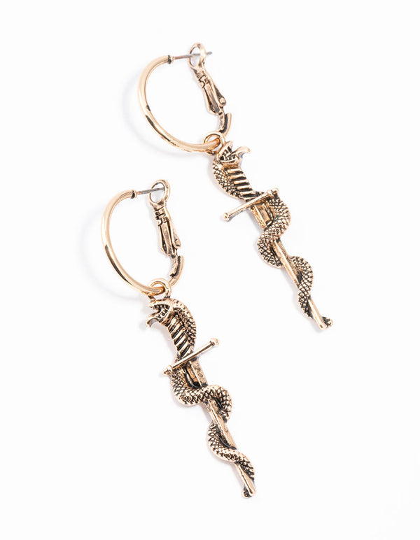 Antique Gold Sink Dagger Twist Hoop Earrings