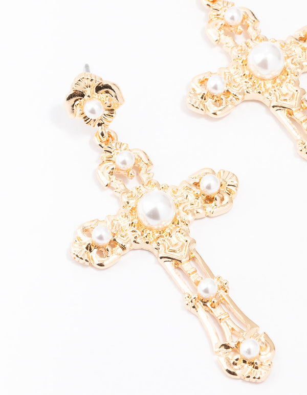 Small Gold Pearl Cross Drop Earrings