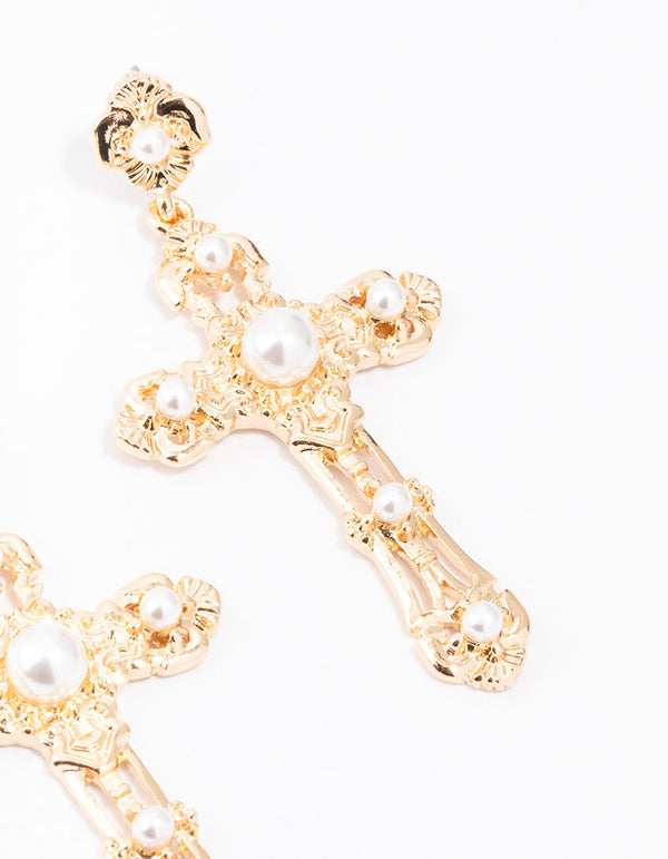 Small Gold Pearl Cross Drop Earrings
