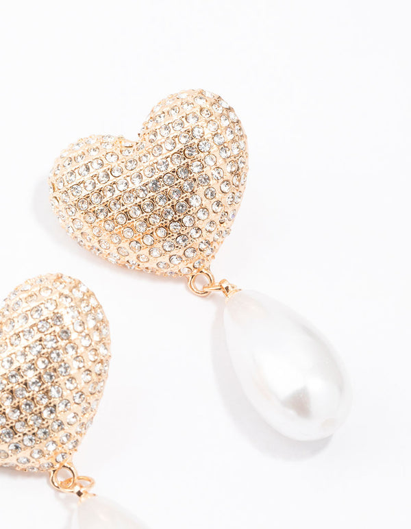 Gold Diamante Pearl Heart Drop Earrings