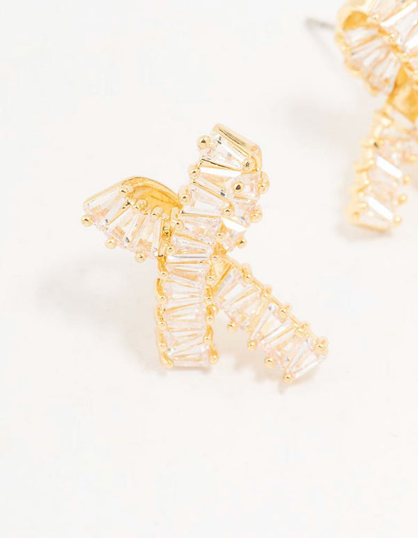 Gold Plated Baguette Ribbon Bow Stud Earrings