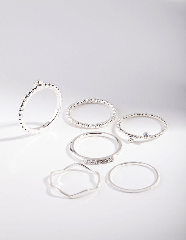 Showcasing silver diamante mixed band stacking rings 6-pack front view