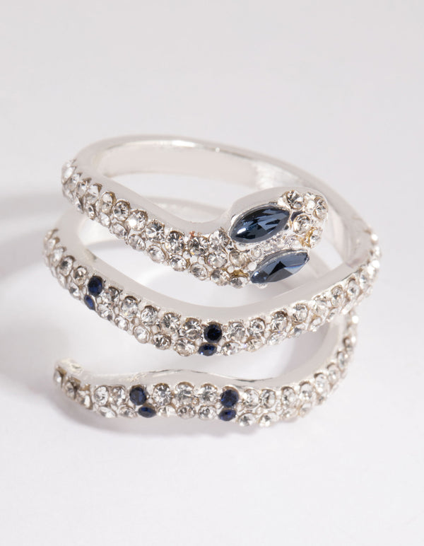 Beautifully crafted silver diamante blue-eyed snake ring with navy accents front view