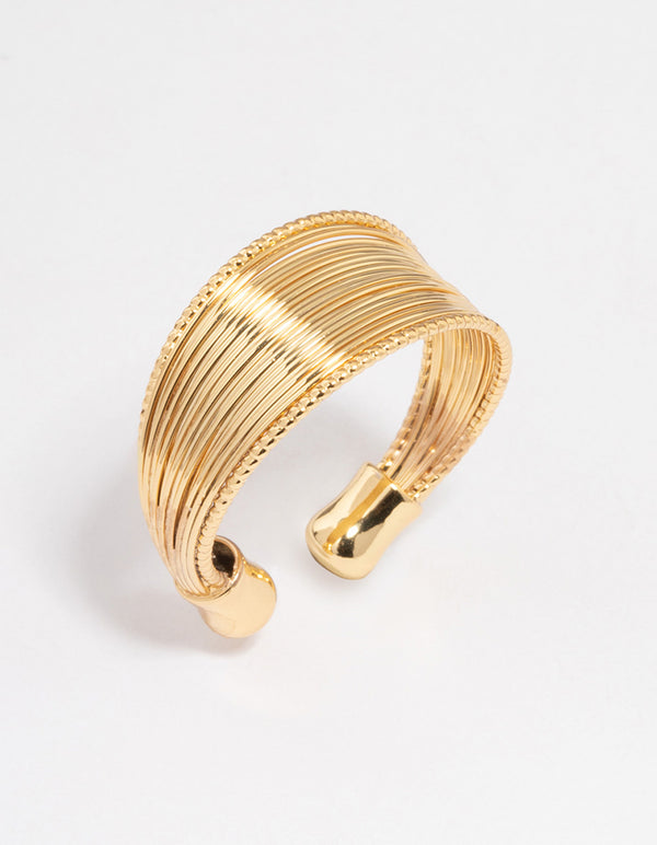 Elegant gold plated textured rows ring front view
