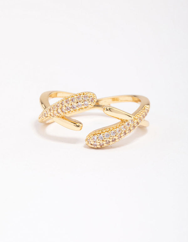 Designed with pave detailing, this gold plated interlaced ring close up view