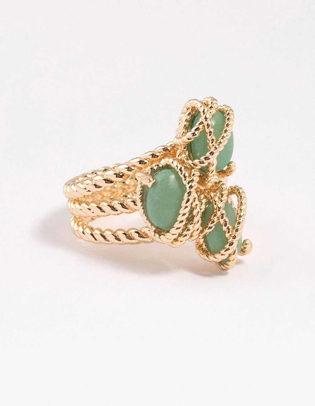 Showcasing a gold plated wrapped triple stone ring with sea green gemstones front view