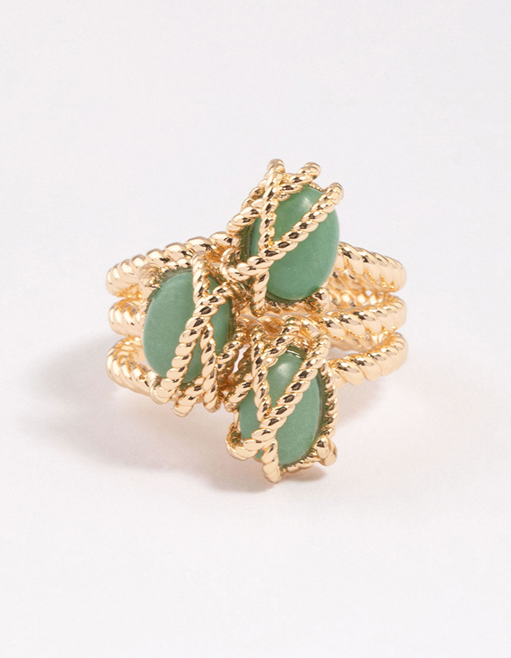 Beautifully crafted gold plated wrapped triple stone ring with sea green gemstones close up view