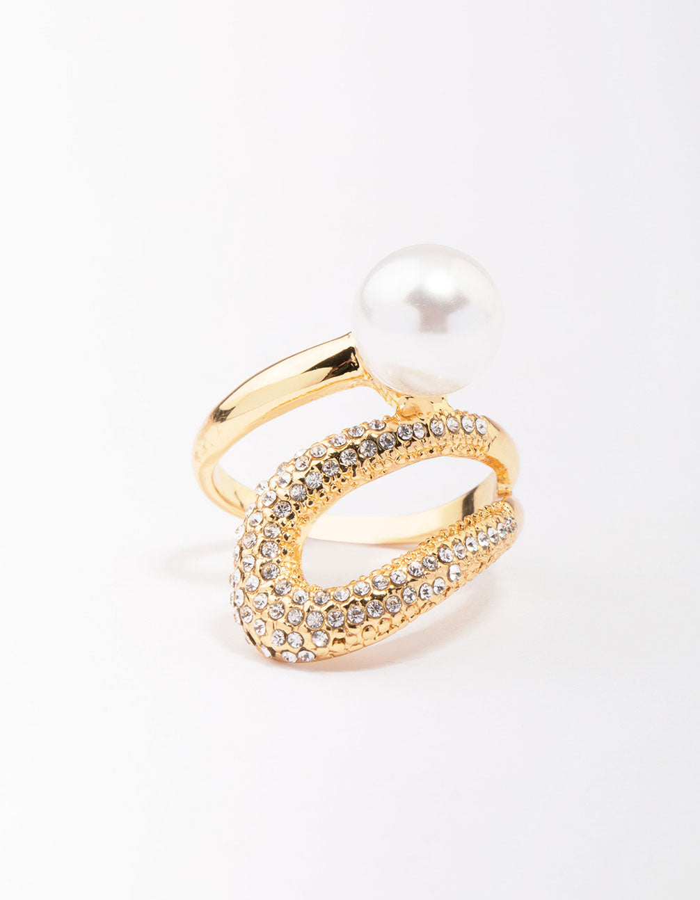 Featuring a gold plated pave pearl cocktail ring with cubic zirconia front view