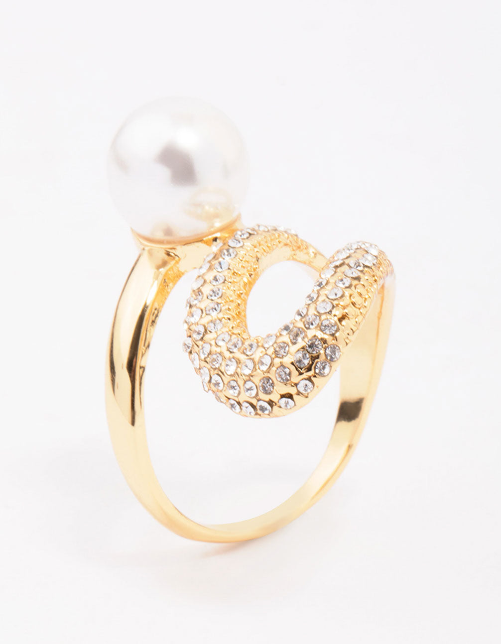 Showcasing a gold plated pave pearl cocktail ring with cubic zirconia side detail view