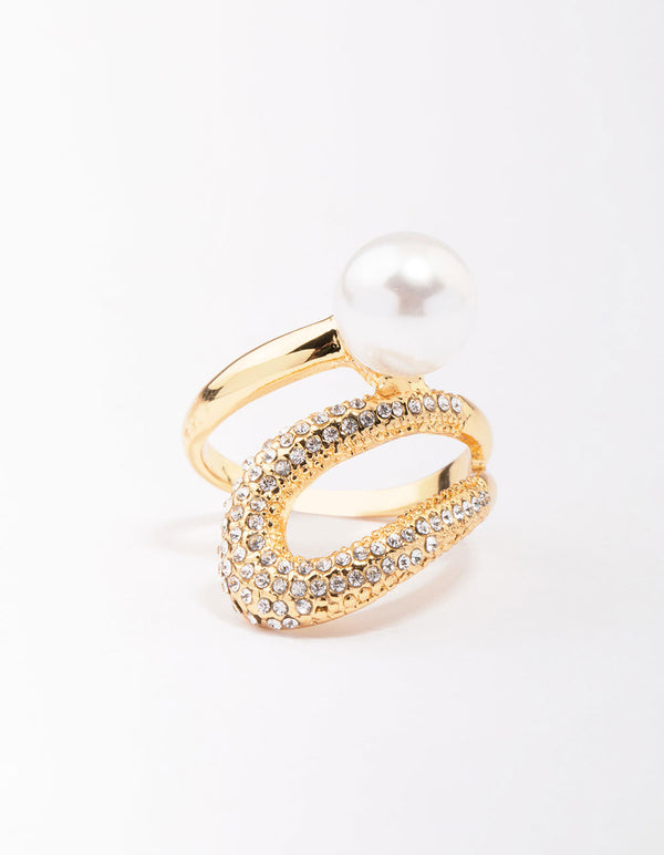 Featuring a gold plated pave pearl cocktail ring with cubic zirconia front view