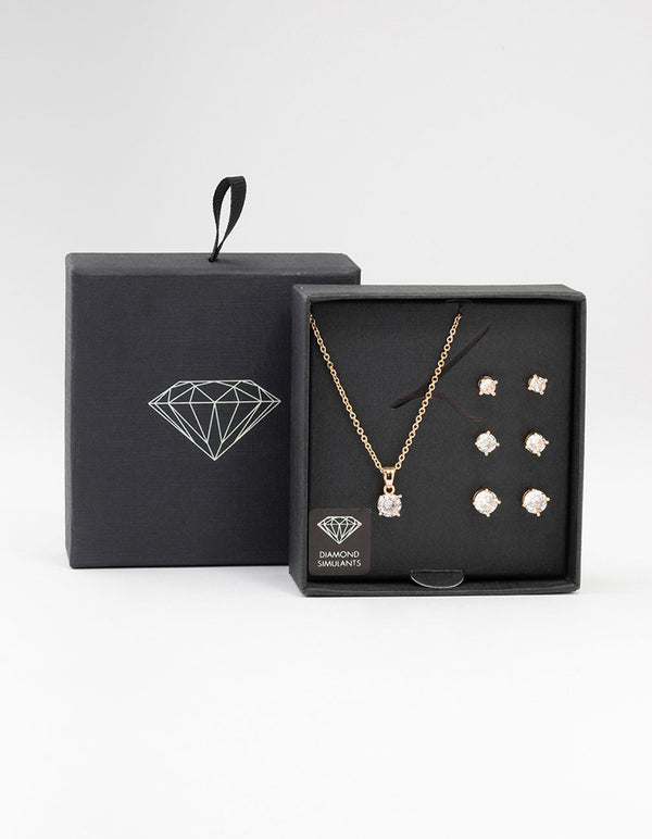 Gold Multiple Cubic Zirconia 6-Pack Stud Earrings & Necklace Set