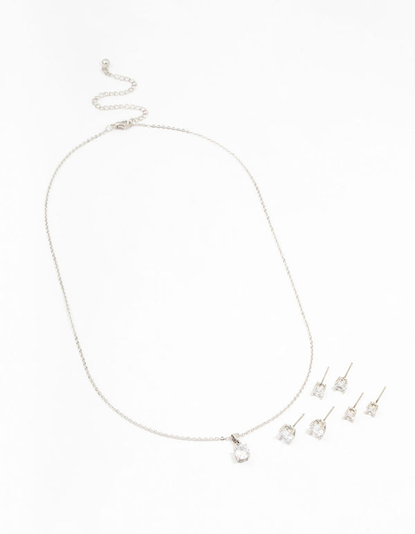 Silver Cubic Zirconia 6-Pack Stud Earrings & Necklace Set