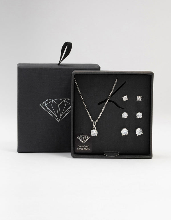 Silver Cubic Zirconia 6-Pack Stud Earrings & Necklace Set